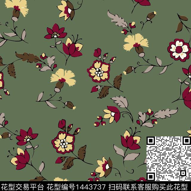 花卉手绘军绿底传统印花华亿平台下载（图片编号: 1443737） - 瓦栏（Walan）