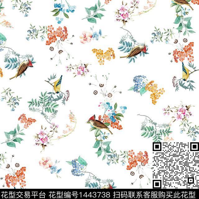 鸟花卉白底花数码印花华亿平台下载（图片编号: 1443738） - 瓦栏（Walan）
