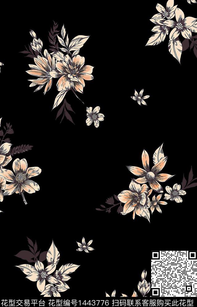 黑底花卉几何大牌风数码印花华亿平台下载（图片编号: 1443776） - 瓦栏（Walan）