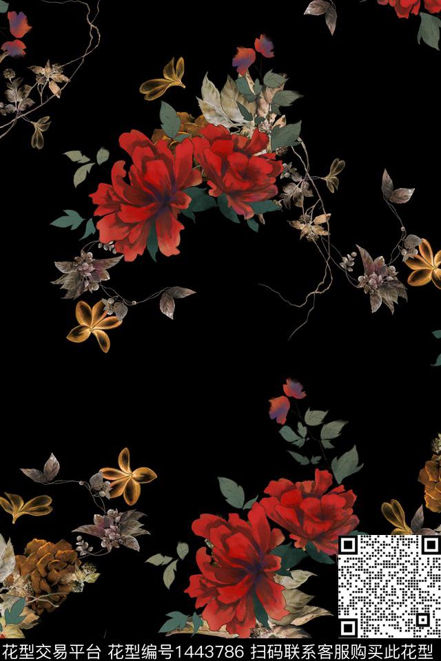 黑底花卉数码华亿平台花卉数码印花华亿平台下载（图片编号: 1443786） - 瓦栏（Walan）