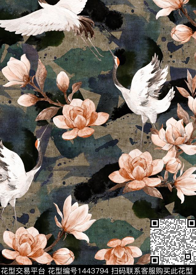 仙鹤香云纱水彩花卉数码印花华亿平台下载（图片编号: 1443794） - 瓦栏（Walan）