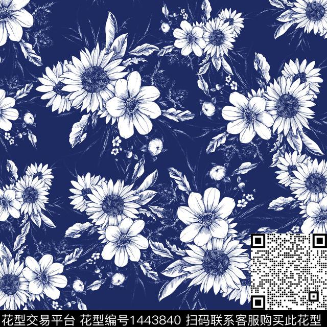 签字笔花卉黑白风欧美数码印花华亿平台下载（图片编号: 1443840） - 瓦栏（Walan）