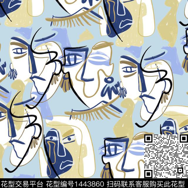 线条画人物几何数码印花华亿平台下载（图片编号: 1443860） - 瓦栏（Walan）