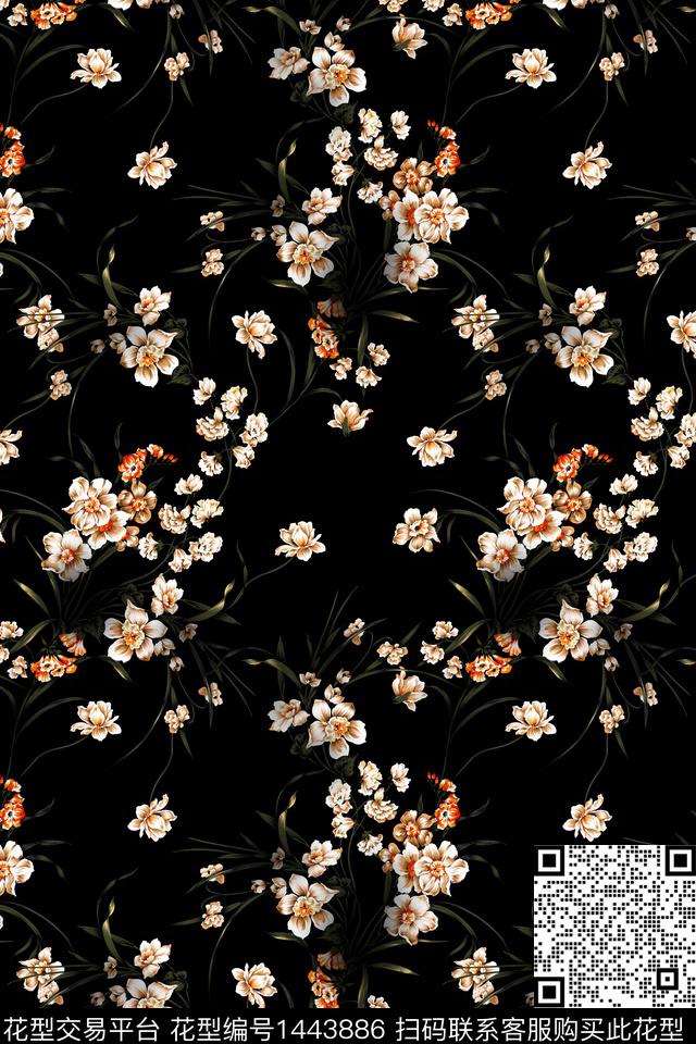 黑底花卉花卉大牌风数码印花华亿平台下载（图片编号: 1443886） - 瓦栏（Walan）