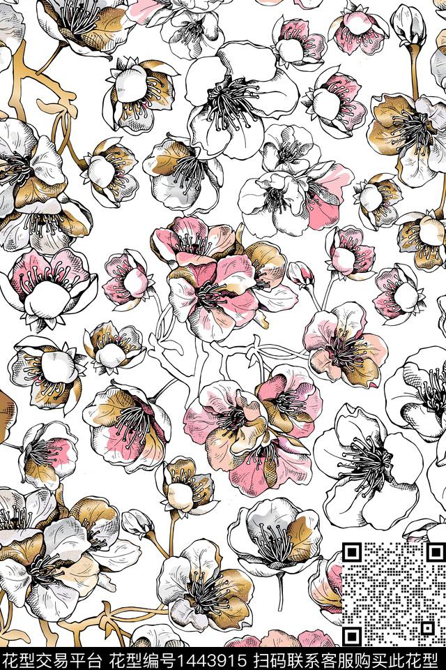 栀子花满版散花年轻花卉传统印花华亿平台下载（图片编号: 1443915） - 瓦栏（Walan）