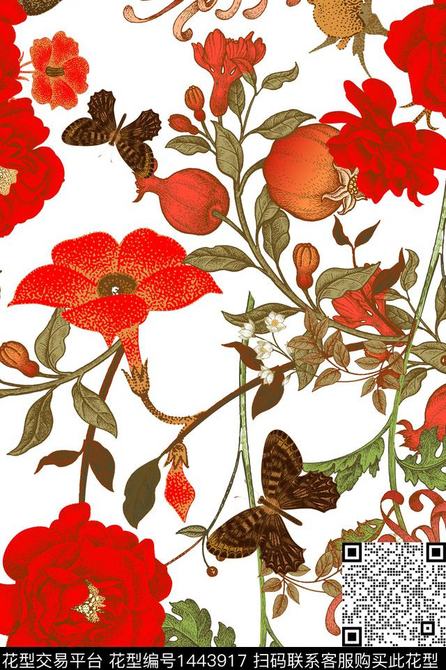 红花大花蝴蝶传统印花华亿平台下载（图片编号: 1443917） - 瓦栏（Walan）