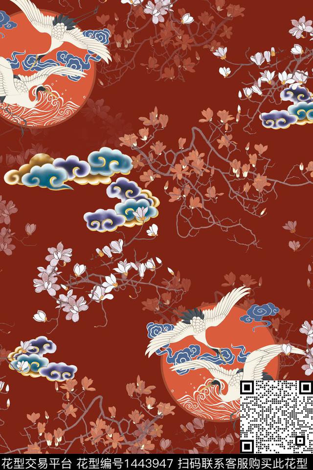 真丝仙鹤玉兰花数码印花华亿平台下载（图片编号: 1443947） - 瓦栏（Walan）