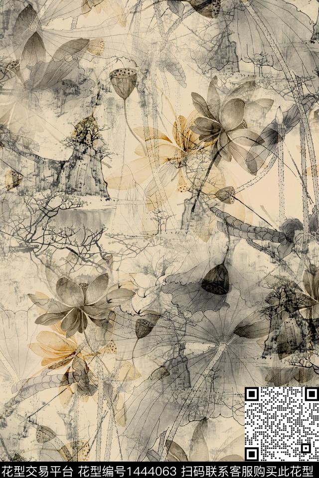 肌理抽象花卉香云纱数码印花华亿平台下载（图片编号: 1444063） - 瓦栏（Walan）