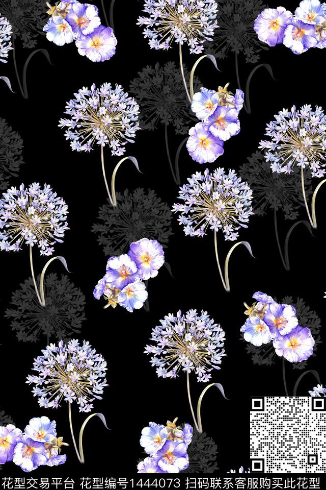 绿植树叶黑底花卉水彩数码印花华亿平台下载（图片编号: 1444073） - 瓦栏（Walan）