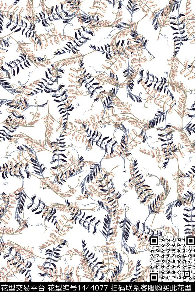 线条画绿植树叶雪纺数码印花华亿平台下载（图片编号: 1444077） - 瓦栏（Walan）