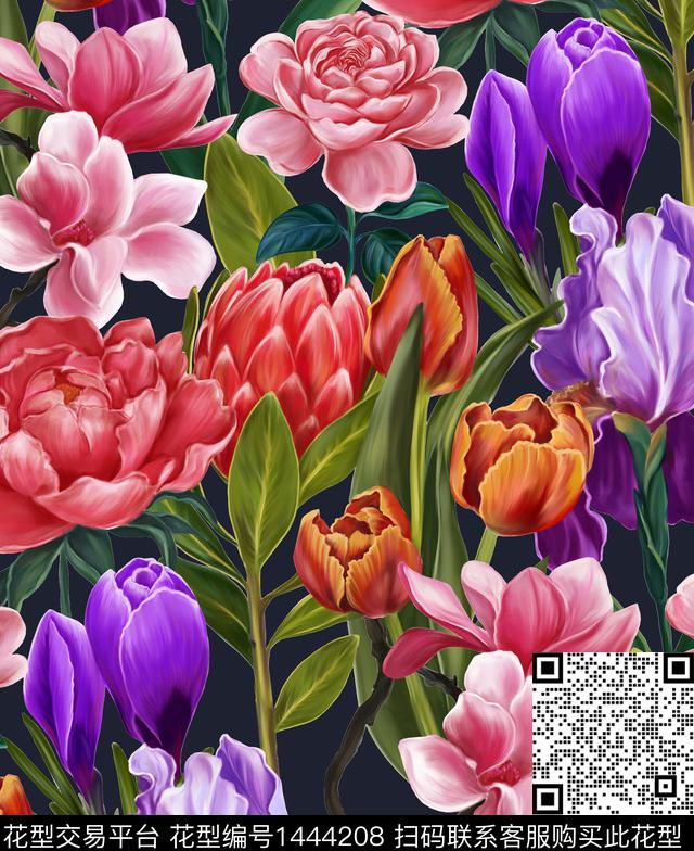郁金香手绘大花NaeemKhan数码印花华亿平台下载（图片编号: 1444208） - 瓦栏（Walan）
