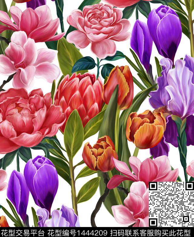 大牌风郁金香手绘大花数码印花华亿平台下载（图片编号: 1444209） - 瓦栏（Walan）