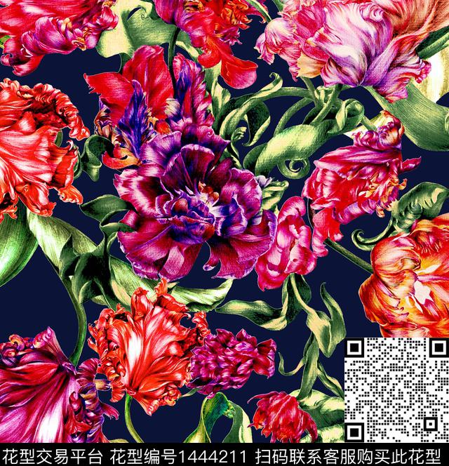 大牌风郁金香手绘大花数码印花华亿平台下载（图片编号: 1444211） - 瓦栏（Walan）