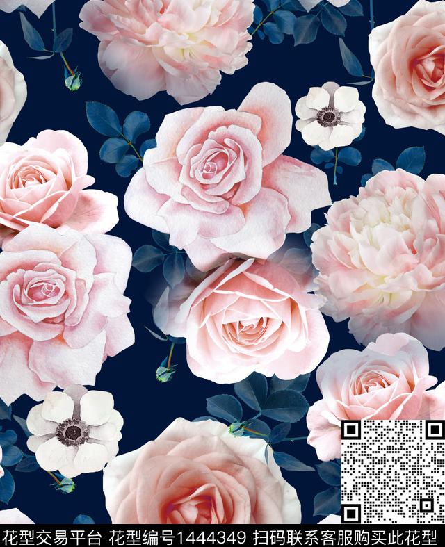 花卉玫瑰花老蓝底数码印花华亿平台下载（图片编号: 1444349） - 瓦栏（Walan）