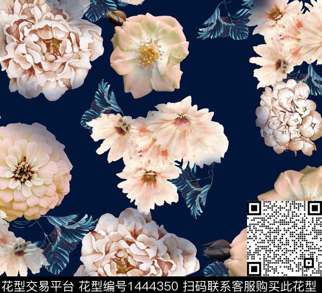 水彩花卉老蓝底数码印花华亿平台下载（图片编号: 1444350） - 瓦栏（Walan）