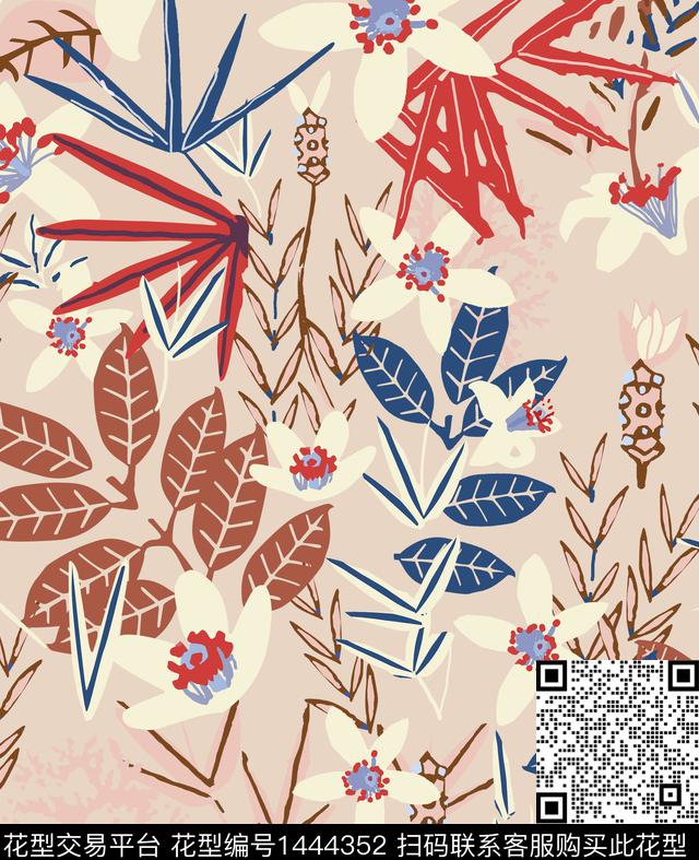花卉手绘米色底数码印花华亿平台下载（图片编号: 1444352） - 瓦栏（Walan）