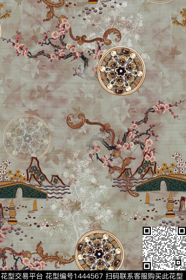 时尚复古香云纱数码印花华亿平台下载（图片编号: 1444567） - 瓦栏（Walan）