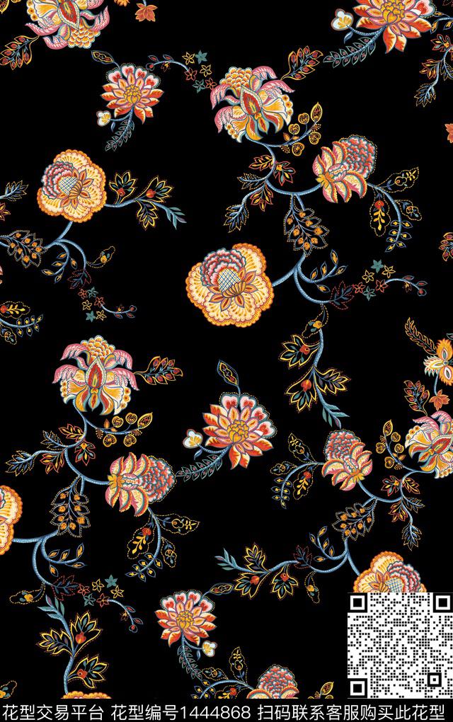 手绘花卉刺绣风精致抽象花卉数码印花华亿平台下载（图片编号: 1444868） - 瓦栏（Walan）