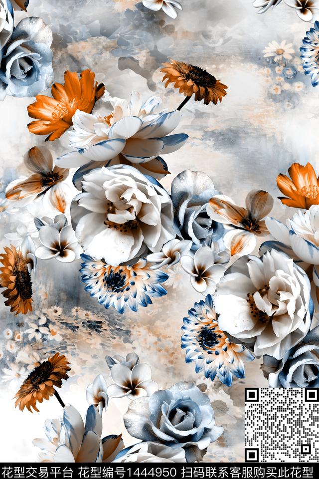 时尚花卉真丝数码印花华亿平台下载（图片编号: 1444950） - 瓦栏（Walan）