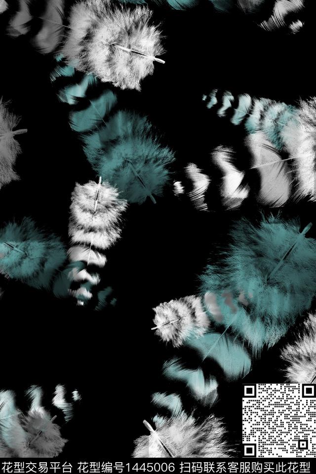 羽毛黑底花卉抽象数码印花华亿平台下载（图片编号: 1445006） - 瓦栏（Walan）