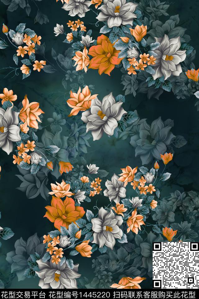 时尚花卉真丝数码印花华亿平台下载（图片编号: 1445220） - 瓦栏（Walan）