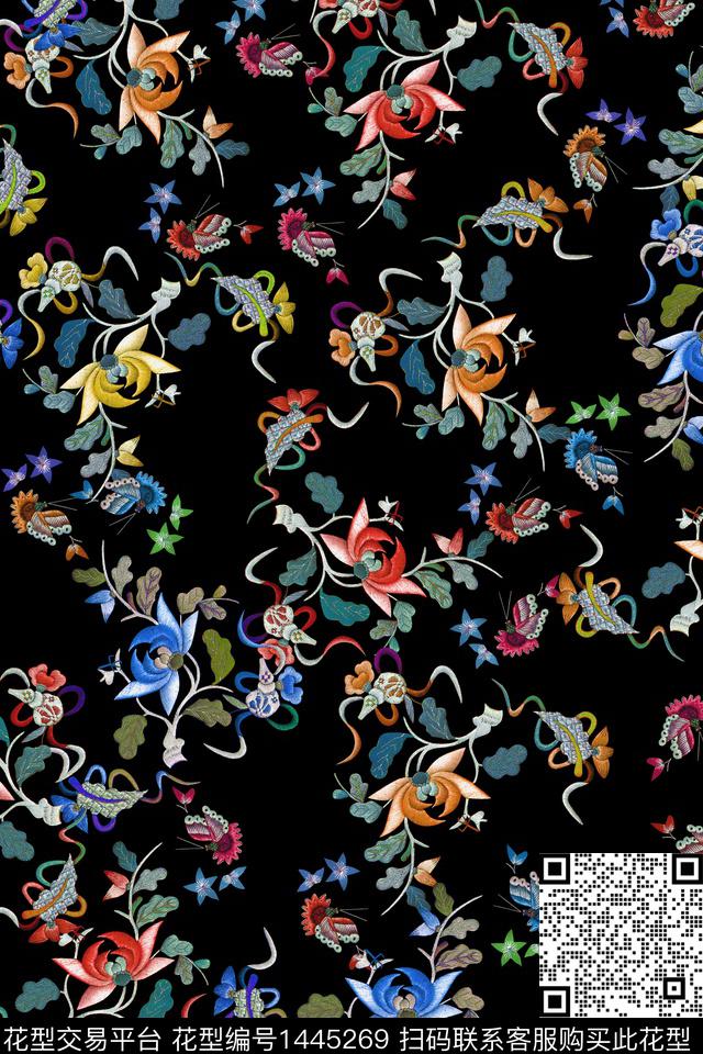 花卉香云纱大牌风数码印花华亿平台下载（图片编号: 1445269） - 瓦栏（Walan）