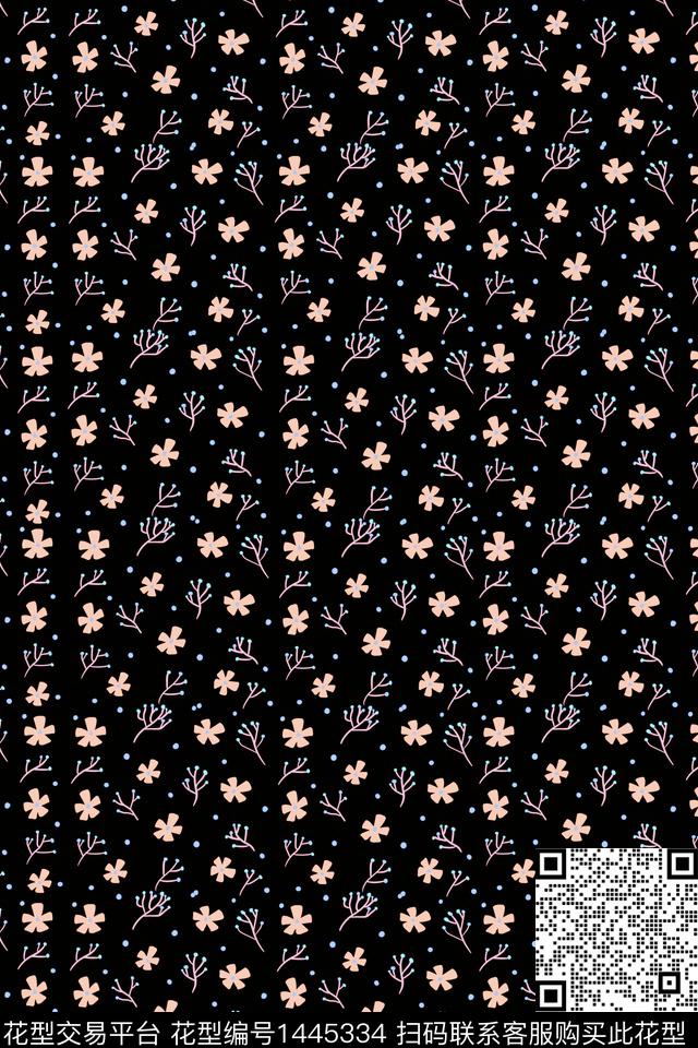 黑底花卉大牌风手绘数码印花华亿平台下载（图片编号: 1445334） - 瓦栏（Walan）