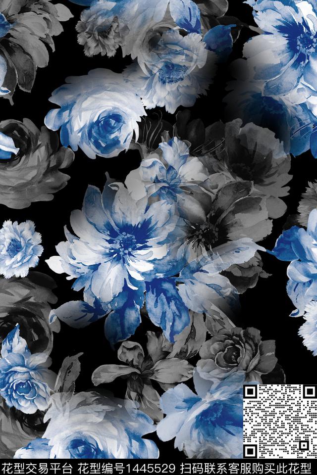 黑底花卉花卉大牌风数码印花华亿平台下载（图片编号: 1445529） - 瓦栏（Walan）