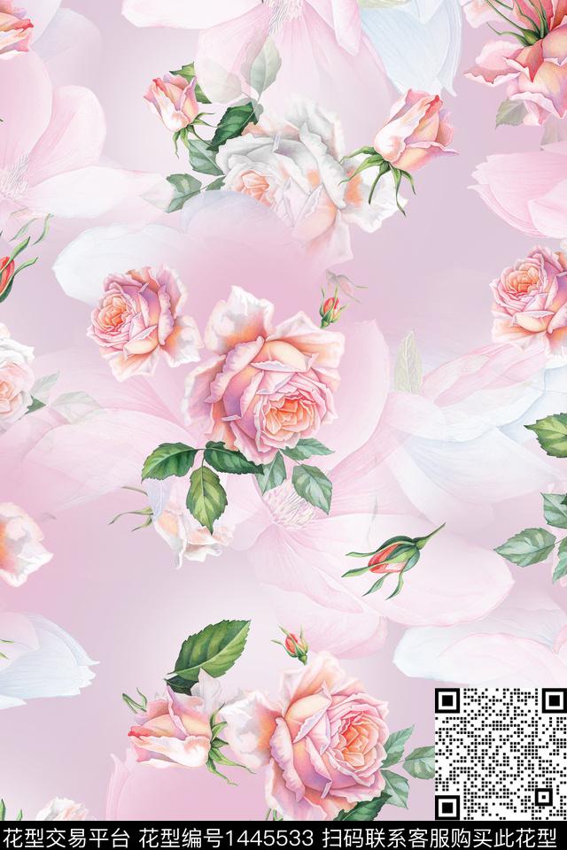 玫瑰花清爽底花卉花卉数码印花华亿平台下载（图片编号: 1445533） - 瓦栏（Walan）