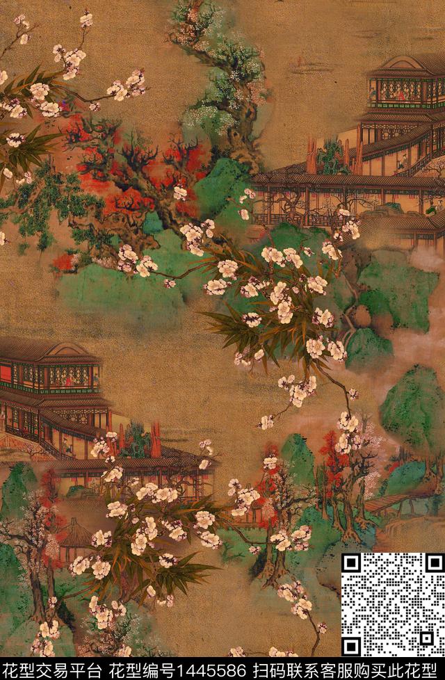 建筑花卉中国风数码印花华亿平台下载（图片编号: 1445586） - 瓦栏（Walan）