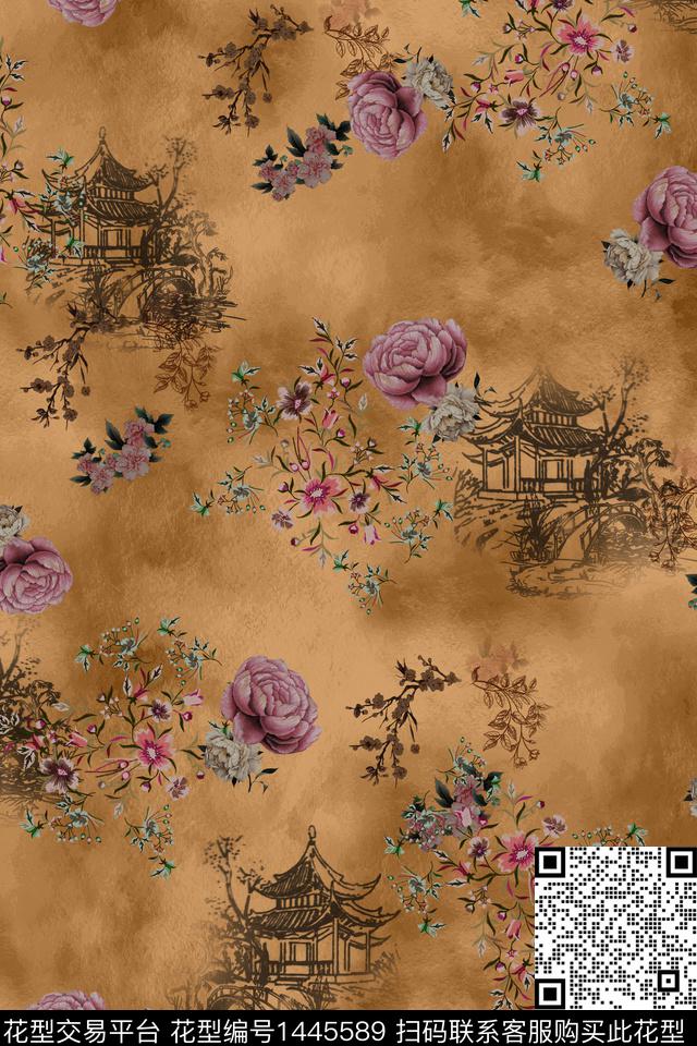 建筑花卉真丝数码印花华亿平台下载（图片编号: 1445589） - 瓦栏（Walan）