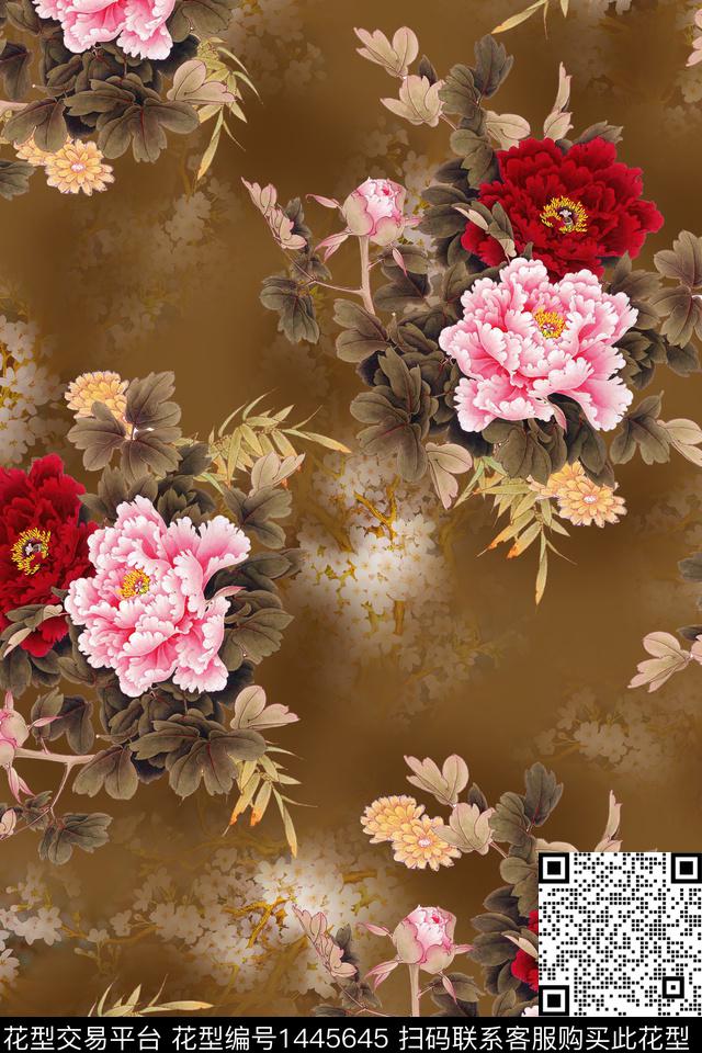 花卉香云纱旗袍数码印花华亿平台下载（图片编号: 1445645） - 瓦栏（Walan）