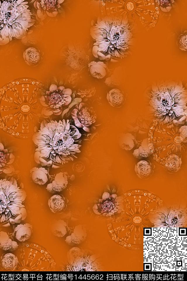 花卉香云纱旗袍数码印花华亿平台下载（图片编号: 1445662） - 瓦栏（Walan）