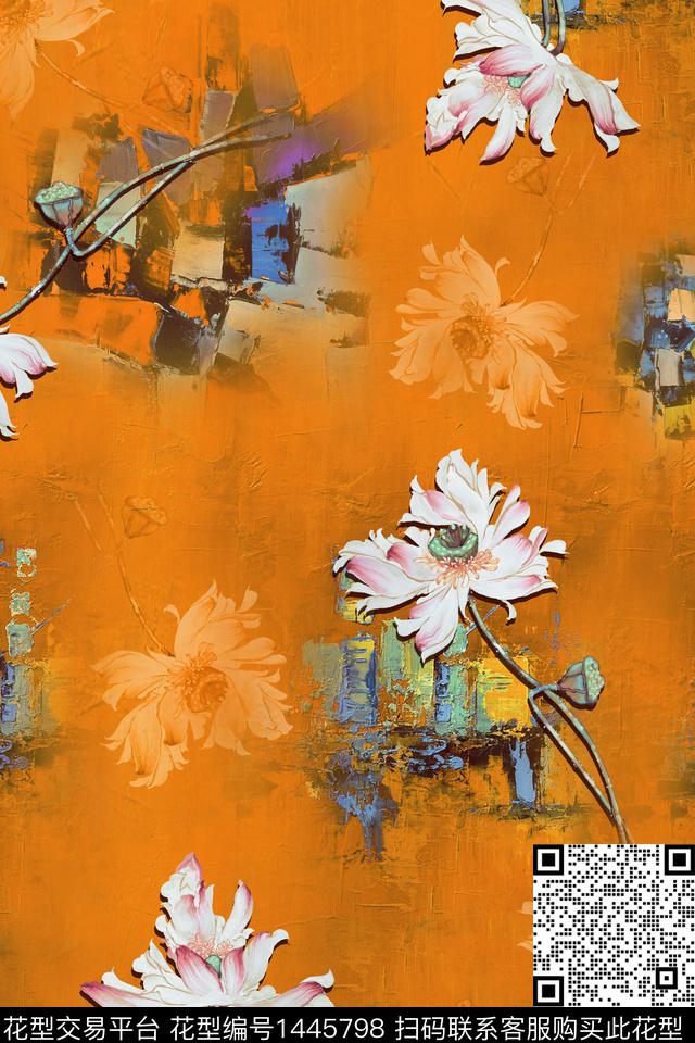 中国风荷花香云纱数码印花华亿平台下载（图片编号: 1445798） - 瓦栏（Walan）