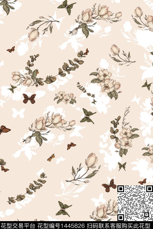 花卉蝴蝶绿植树叶雪纺数码印花华亿平台下载（图片编号: 1445826） - 瓦栏（Walan）