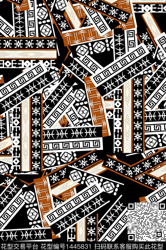 几何黑底花卉传统纹样数码印花华亿平台下载（图片编号: 1445831） - 瓦栏（Walan）