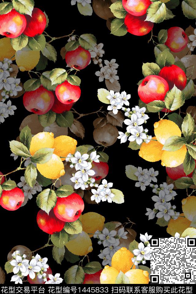 水果绿植树叶黑底花卉数码印花华亿平台下载（图片编号: 1445833） - 瓦栏（Walan）