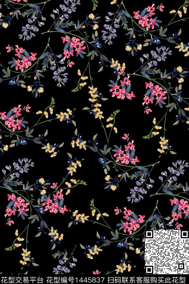 绿植树叶黑底花卉雪纺数码印花华亿平台下载（图片编号: 1445837） - 瓦栏（Walan）