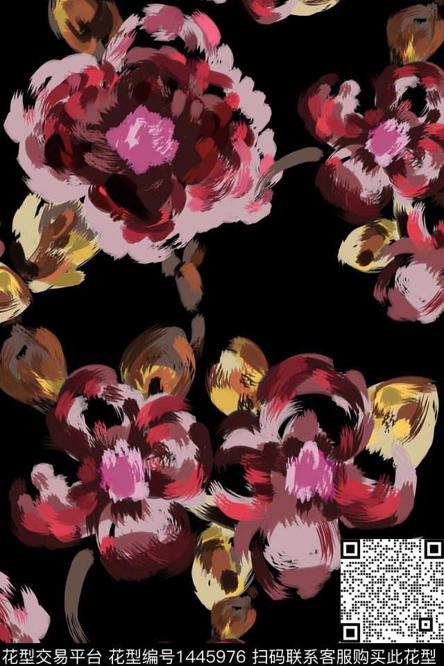 花卉香云纱大牌风数码印花华亿平台下载（图片编号: 1445976） - 瓦栏（Walan）