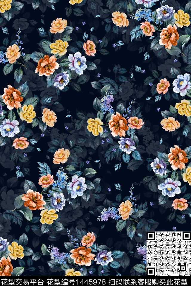 复古花卉香云纱数码印花华亿平台下载（图片编号: 1445978） - 瓦栏（Walan）