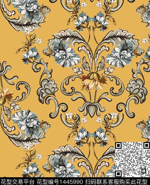 民族风花卉土黄底数码印花华亿平台下载（图片编号: 1445990） - 瓦栏（Walan）