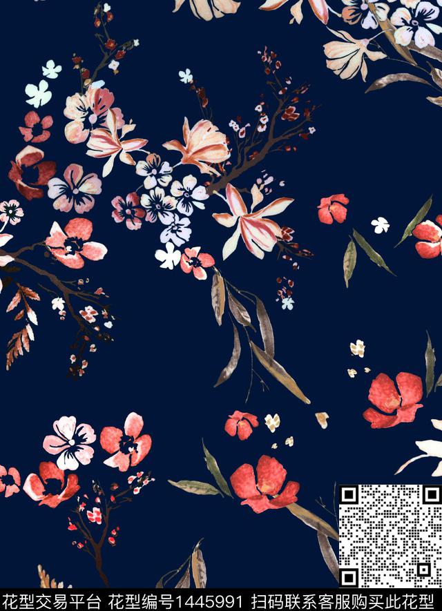 花卉小碎花老蓝底数码印花华亿平台下载（图片编号: 1445991） - 瓦栏（Walan）