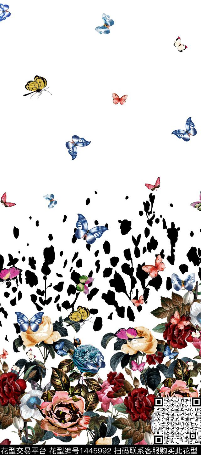 花卉蝴蝶白底花数码印花华亿平台下载（图片编号: 1445992） - 瓦栏（Walan）