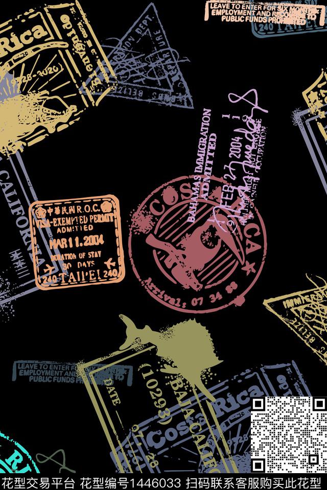 黑底花卉男装邮票传统印花华亿平台下载（图片编号: 1446033） - 瓦栏（Walan）