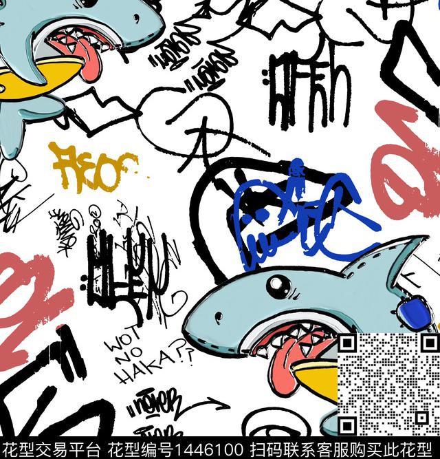 字母鲨鱼涂鸦数码印花华亿平台下载（图片编号: 1446100） - 瓦栏（Walan）