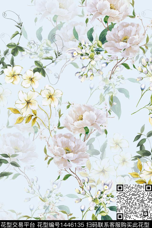 时尚花卉真丝数码印花华亿平台下载（图片编号: 1446135） - 瓦栏（Walan）