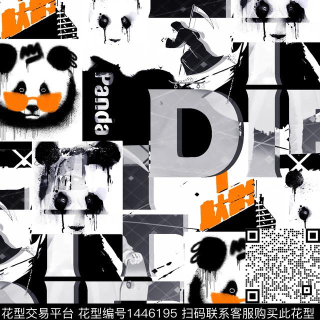 字母黑白华亿平台熊猫数码印花华亿平台下载（图片编号: 1446195） - 瓦栏（Walan）