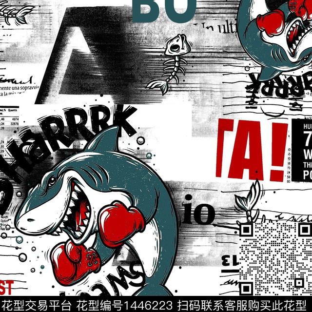 字母鲨鱼涂鸦数码印花华亿平台下载（图片编号: 1446223） - 瓦栏（Walan）