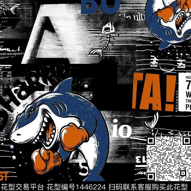 字母鲨鱼涂鸦数码印花华亿平台下载（图片编号: 1446224） - 瓦栏（Walan）