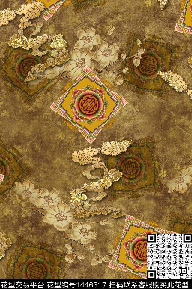 祥云复古香云纱数码印花华亿平台下载（图片编号: 1446317） - 瓦栏（Walan）